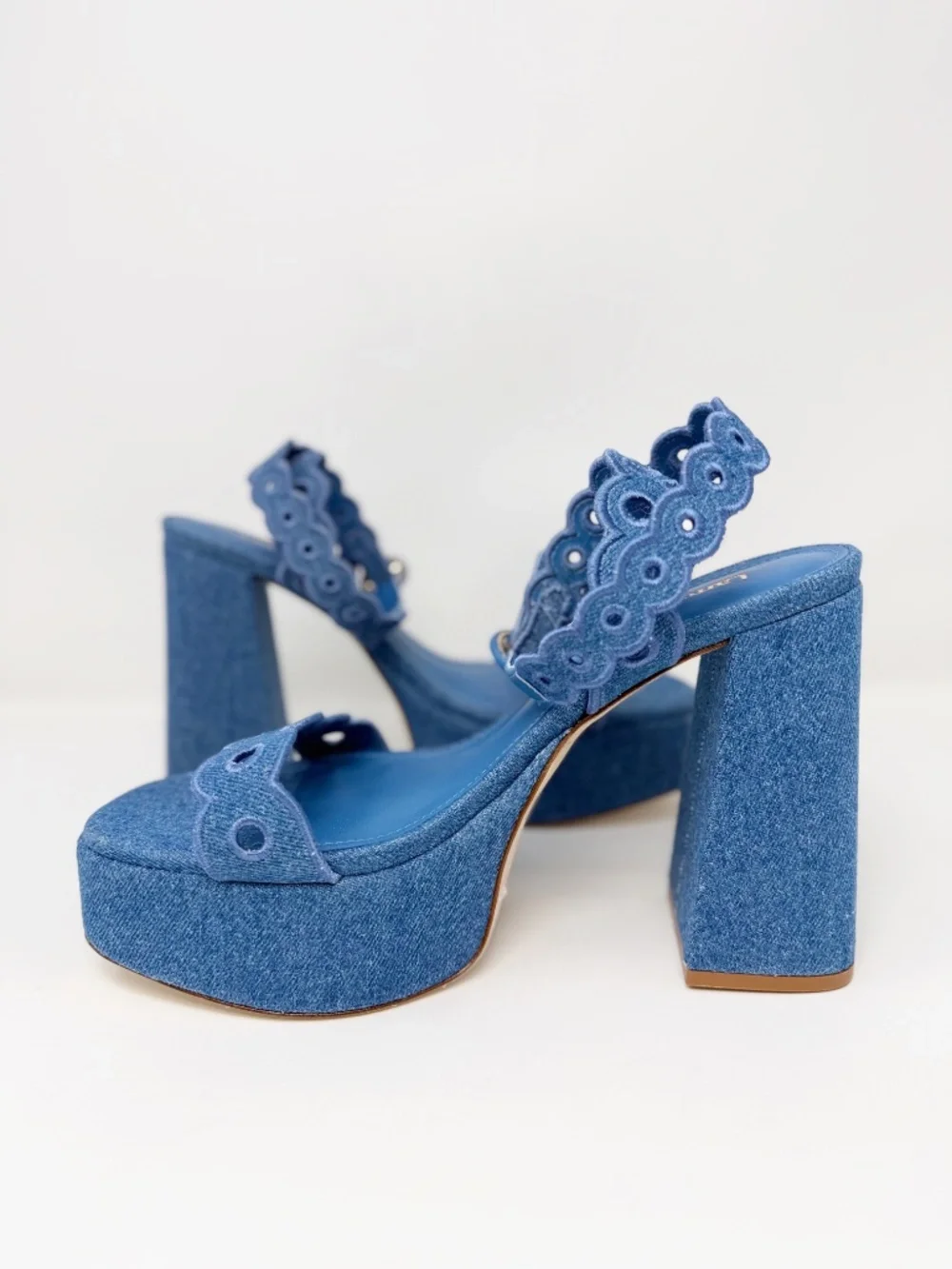 New Larroude Dolly Broderie Sandal In Blue Stoned Denim Sz 9.5